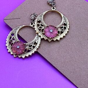 Vintage gold tone filigree earrings with pink flowers